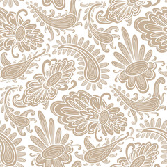Hand drawn swirl ornaments, paisley pattern, beige and white colors. Seamless floral pattern-738.