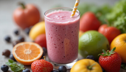Refreshing Berry Smoothie Surrounded by Fresh Fruits in a Colorful Arrangement on a Light Background