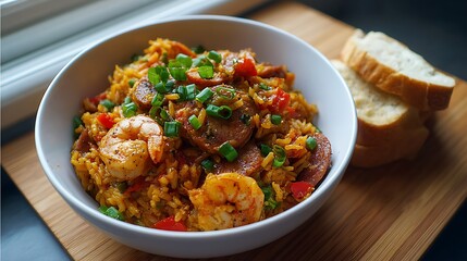 Bowl of Jambalaya with Shrimp, Sausage, and Rice Served with Bread