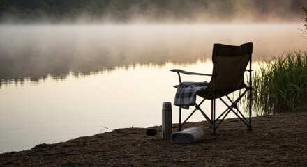 Fototapeta premium Relaxing chair by the tranquil lake at dawn with misty background 