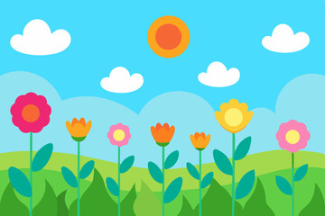 Obraz premium Vibrant Spring Meadow Colorful Flowers, Sunny Sky, and Blooming Nature