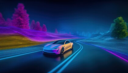 Obraz premium Futuristic electric car on a winding road at night, vibrant neon colors