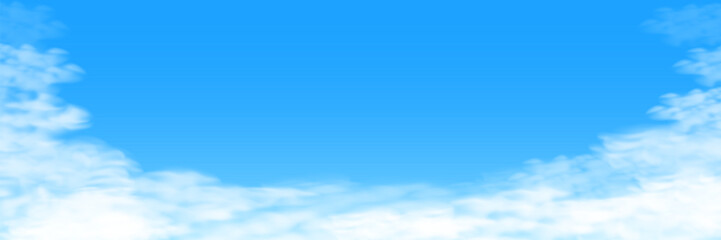 Blue Sky nature landscape background with Realistic fluffy clouds. Sunny 3d cloudy banner with copy space. White smog in the air vector illustration. Mist frame.
