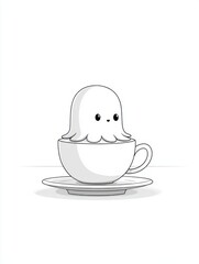 A small octopus hiding behind a teacup on a blank table, only two eyes peeking out, simple lines and a gentle tone, lots of white space