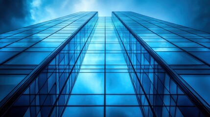 Modern skyscrapers reflecting a dramatic sky