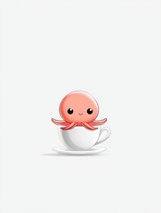 A small octopus hiding behind a teacup on a blank table, only two eyes peeking out, simple lines and a gentle tone, lots of white space