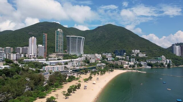 Repulse Bay, Hong Kong: Aerial drone footage of the famous Repulse Bay beach town in the south part of Hong Kong island in China. 