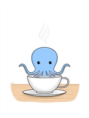 A small octopus hiding behind a teacup on a blank table, only two eyes peeking out, simple lines and a gentle tone, lots of white space