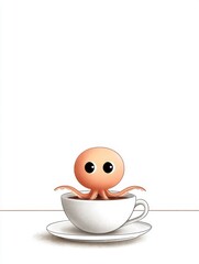 A small octopus hiding behind a teacup on a blank table, only two eyes peeking out, simple lines and a gentle tone, lots of white space