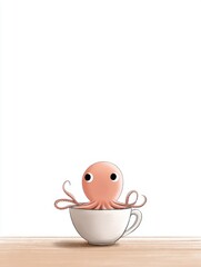 A small octopus hiding behind a teacup on a blank table, only two eyes peeking out, simple lines and a gentle tone, lots of white space