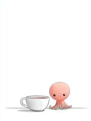 A small octopus hiding behind a teacup on a blank table, only two eyes peeking out, simple lines and a gentle tone, lots of white space