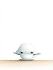 A small octopus hiding behind a teacup on a blank table, only two eyes peeking out, simple lines and a gentle tone, lots of white space