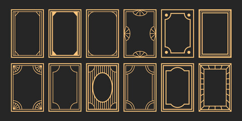 Golden vintage frames vector set. Luxury deco design in line art. Ar deco gatsby style elements.