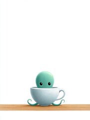 A small octopus hiding behind a teacup on a blank table, only two eyes peeking out, simple lines and a gentle tone, lots of white space