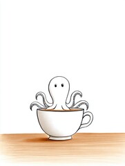 A small octopus hiding behind a teacup on a blank table, only two eyes peeking out, simple lines and a gentle tone, lots of white space