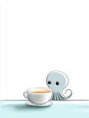 A small octopus hiding behind a teacup on a blank table, only two eyes peeking out, simple lines and a gentle tone, lots of white space