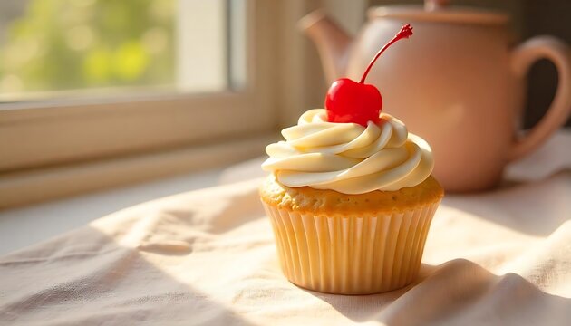 Elegant vanilla cupcake crowned with a vibrant red cherry for a classic dessert look

Neutral beige background enhances the cupcake&rsquo;s delicate textures and colors

Ideal for use in bakery menus, patis