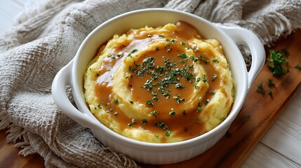 Creamy Mashed Potatoes with Gravy and Herbs in a Ceramic Bowl