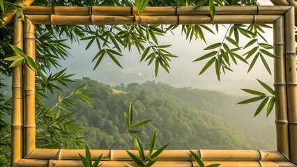 Bamboo frame with green leaves overlooking misty forest mountain landscape. Eco natural window view concept with tropical vibe, perfect for nature, travel, and environment themes.