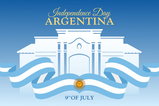 Independence Day Argentina on 9th of July. With the historic Casa Histórica de Tucumán in white silhouette with waving Argentine flags and sun emblem. Vector Illustration - Powered by Adobe