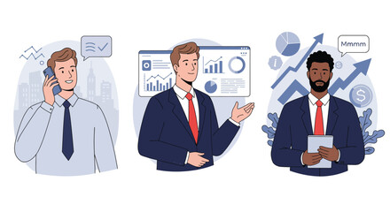 Diverse group of business professionals collaborating in an office setting with speech bubbles indicating communication