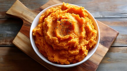Bowl of Mashed Sweet Potatoes with Herbs on Wooden Board