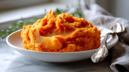 Creamy Mashed Sweet Potatoes in a White Bowl