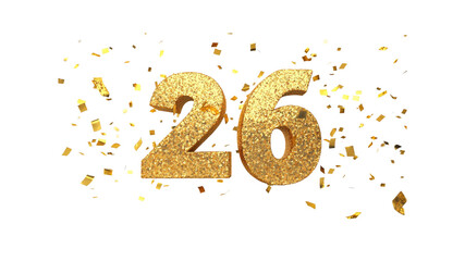 Glittering Gold Number 26 with Confetti Burst - 26th Anniversary, Birthday, Celebration