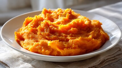 A serving of mashed sweet potatoes on a white plate