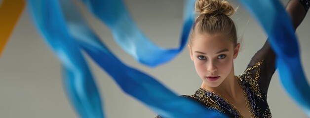 Banner. Rhythmic gymnast with bun hairstyle performing routine using long flowing blue ribbon indoors. Concept of sport, championship, grace, rhythm, beauty.