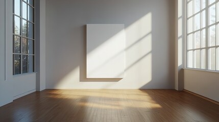 Obraz premium Minimalist art studio interior featuring a blank white canvas illuminated by natural light streaming through large windows.