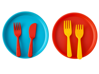 Colorful plastic tableware in contrasting color combinations on a black background