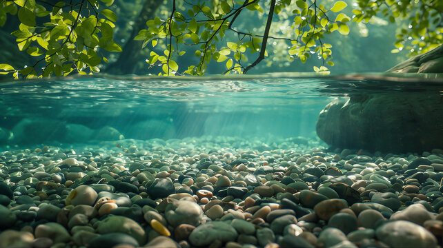 Fresh underwater riverbed with smooth stones pebbles. Pebble sea underwater rock formation. Clear, calm half riverbed underwater stream. Fresh water ecosystem with natural rocks.