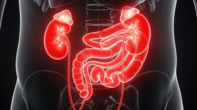 Anatomical rendering showing the human digestive system, including the kidneys, intestines, and colon, highlighted in red.