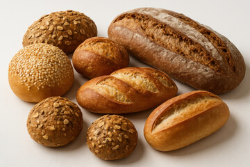 Assorted freshly baked breads and rolls on a rustic wooden table, with a soft morning light filtering through a nearby window.