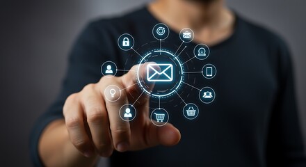 Person touching digital envelope interface demonstrating communication and email marketing concept