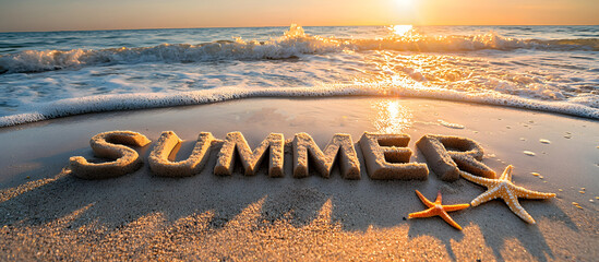 Beach scene with summer text on the shore with starfish