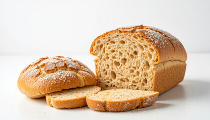 Baked Artisan Bread Loaf with Slices Displayed on a White Background