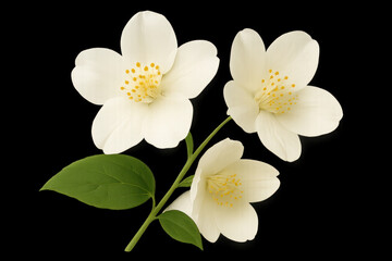 Obraz premium white flowers with green leaves against a black backdrop.