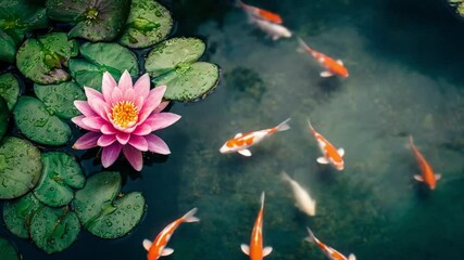 Serene Koi Pond: A tranquil pond scene unfolds, where graceful koi fish swim amongst vibrant water lilies, their colors mirroring the beauty of nature. - Powered by Adobe