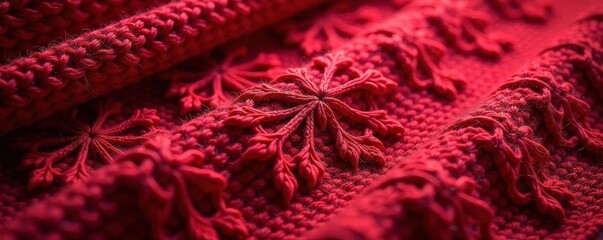 Deep crimson knitted fabric, intricate snowflake pattern , yarn, handmade