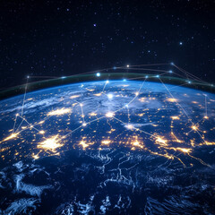 Space technology. Businessman touch space technology structure global network. Space technology structures global connected. Technology structures global network connected.