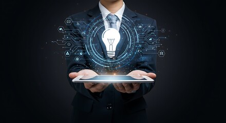 Businessman presenting innovative digital idea through tablet technology and modern interface