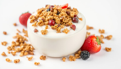 Yogurt Bowl with Crunchy Granola, Strawberries, and Berries on a White Background
