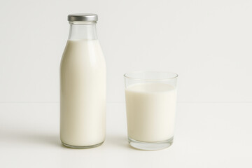 Glass and bottle of milk on white surface. Background blurred, minimalistic composition. Light shines on the glass. Clean, simple aesthetic.