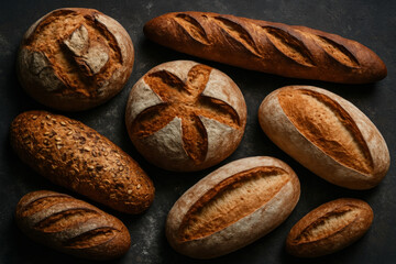 Obraz premium Assorted breads and rolls displayed on a black background.