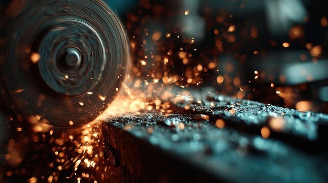 A grinding wheel is cutting into a piece of metal