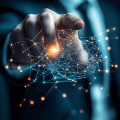 Businessman hand touches a shield, quantum computing enhances security protocols. The concept represents safeguarding data privacy, intellectual property protection, and cybersecurity infrastructure.