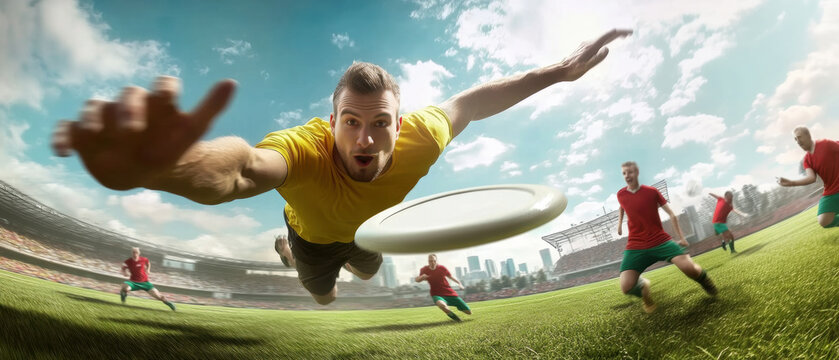 Man in yellow uniform diving to catch flying disc during ultimate frisbee match on large grassy stadium field. Concept of sport, competition, agility, teamwork. - Powered by Adobe