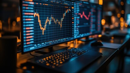 Multiple computer screens display stock market charts